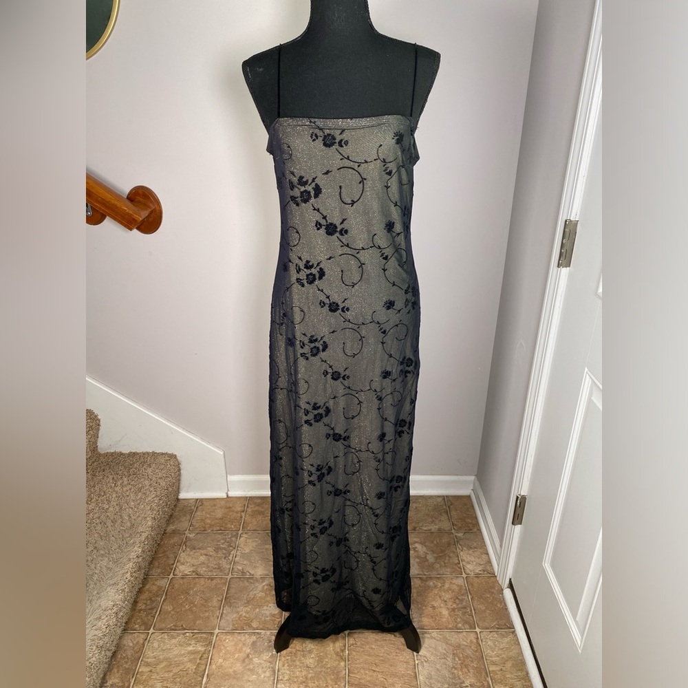 Women’s Rampage Y2K Black Gold Shimmer Spaghetti Strap Floral Maxi Dress